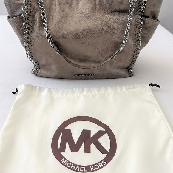Michael Kors Distressed Platinum Slouchy Leather Bag Chain Detail MK Logo Cover - Picture 7 of 10